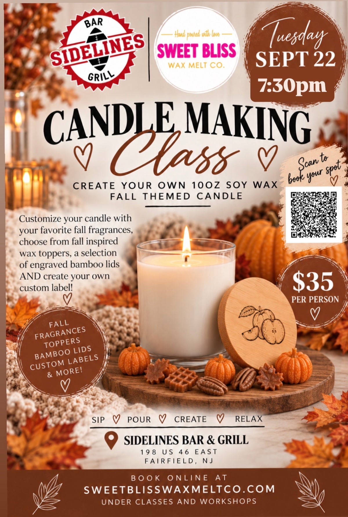 9/22 7:30 pm Fall Theme Candle Making Class at Sidelines Bar & Grill